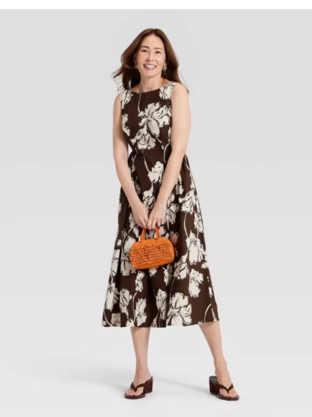 Sleeveless Brown Floral Midi Dress with Cream Print